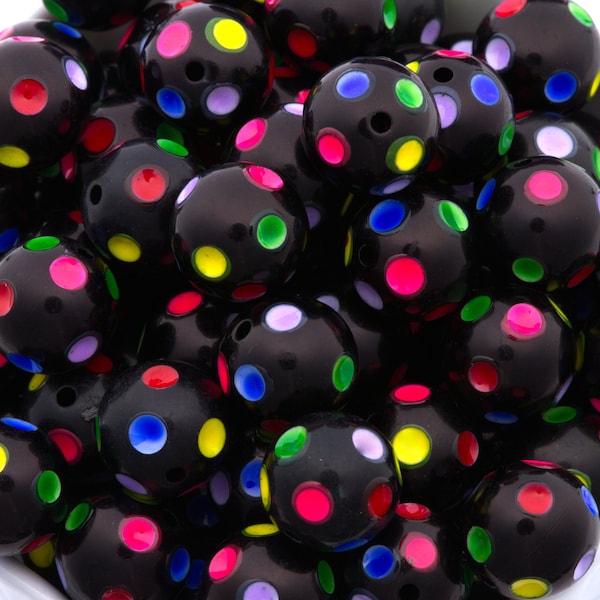 20mm Bubblegum Beads - Black Rainbow Polka Dot Chunky Acrylic Beads