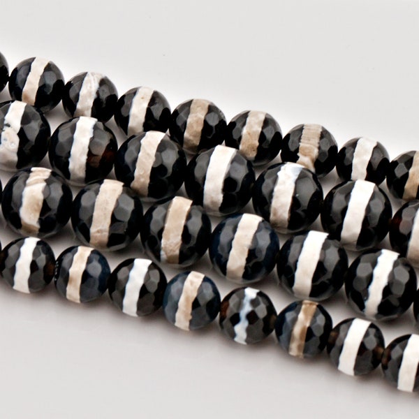 Black and White Striped Tibetan Agate Natural Stone Beads...Full Strand...8mm-10mm...Striped Beads...