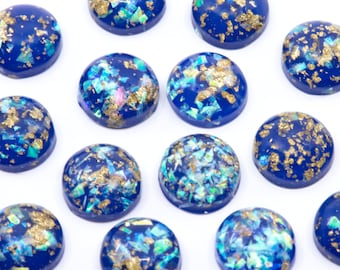 Dark Blue Gold Leaf 12mm Opal Cabochons - Embellishments