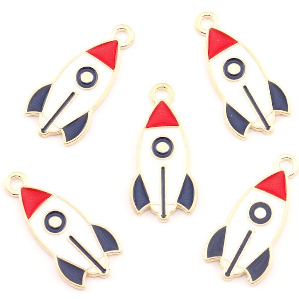 Blue and White Rocket Ship Enamel Charms Gold Plated - Lot of Five