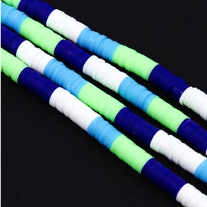6mm Polymer Clay Flat Disc Heishi Beads - Light Blue, Green and White Pattern - Full Strand