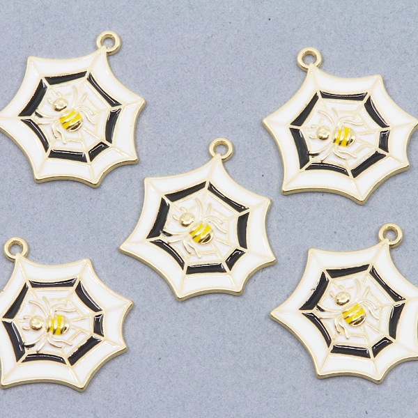 Spider Web Enamel Charms Gold Plated....Lot of Five...Halloween Charms...
