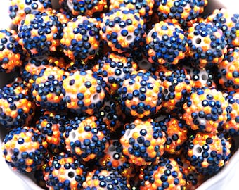 20mm Bubblegum Beads - Rhinestone Orange and Black - Chunky Acrylic Beads