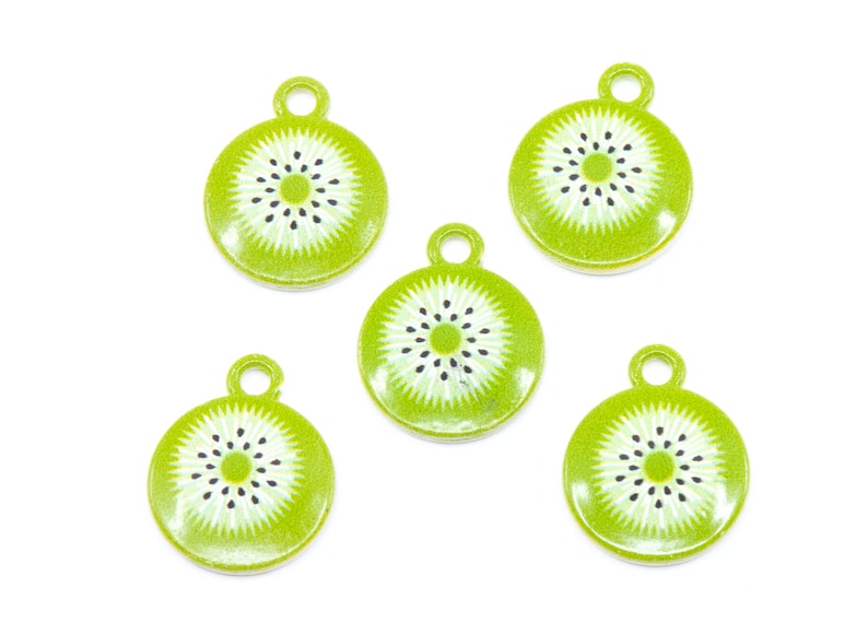 Green Kiwi Plated Enamel Charms...Lot of Five...Kiwi Charms..