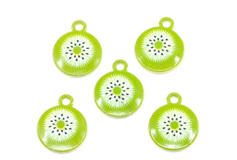 Green Kiwi Plated Enamel Charms...Lot of Five...Kiwi Charms..