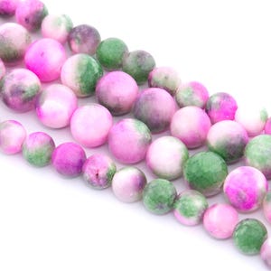 Fuchsia Pink and Green Jade Natural Stone Dyed Beads - 8mm - 10mm - Full Strand