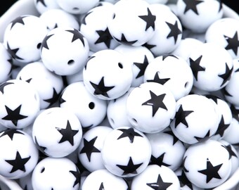 20mm Bubblegum Beads - Star Print White and Black - Chunky Acrylic Beads
