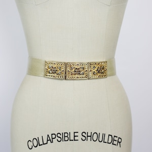 80s JUDITH LEIBER BELT beige reptile leather gold tone buckle embedded brown rhinestones