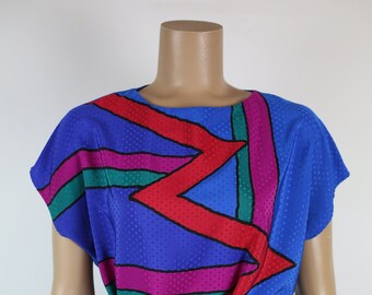 80s ST MICHAEL BLOUSE  made in England St. David Bowie Style silky polyester shirt abstract design disco