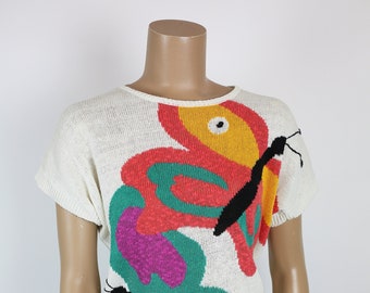 80s COLORFUL BUTTERFLY Knit SHIRT cotton rayon size small