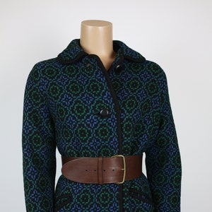 60s WOOL KNIT COAT abstract floral design black blue green size small