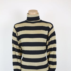 90s BLACK GOLD TURTLENECK stripes metallic gold wool holiday sweater medium