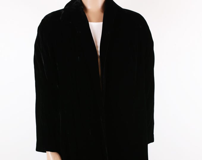 Vintage 50s 60s LONG VELVET SWING Coat Jacket Formal Cocktail Opera Coat Collared Dolman 3/4 Sleeves Pockets Black Size Small to Medium