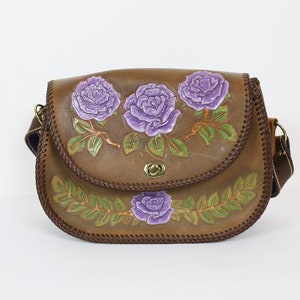 VINTAGE MEXICAN TOOLED purse purple roses hand-painted handmade leather