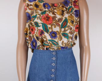 Vintage 80s 90s PARIS BLUE DENIM Midi Skirt Gathered with Yolk Button Front Medium Weight Cotton Size 4 - 6 Small