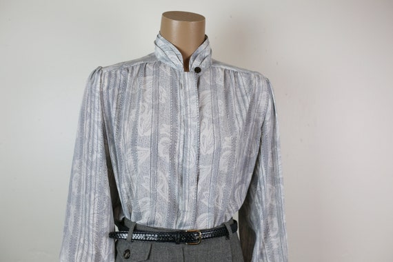 80s 90s TAN F JAY BLOUSE gray & white silky polye… - image 4