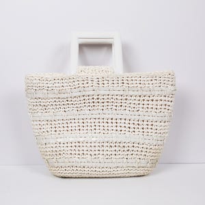 Bolso de mano DELILL MOD vintage de los años 60 y 70, de paja de rafia, con asa doble cuadrada de plástico y monedero blanco forrado.