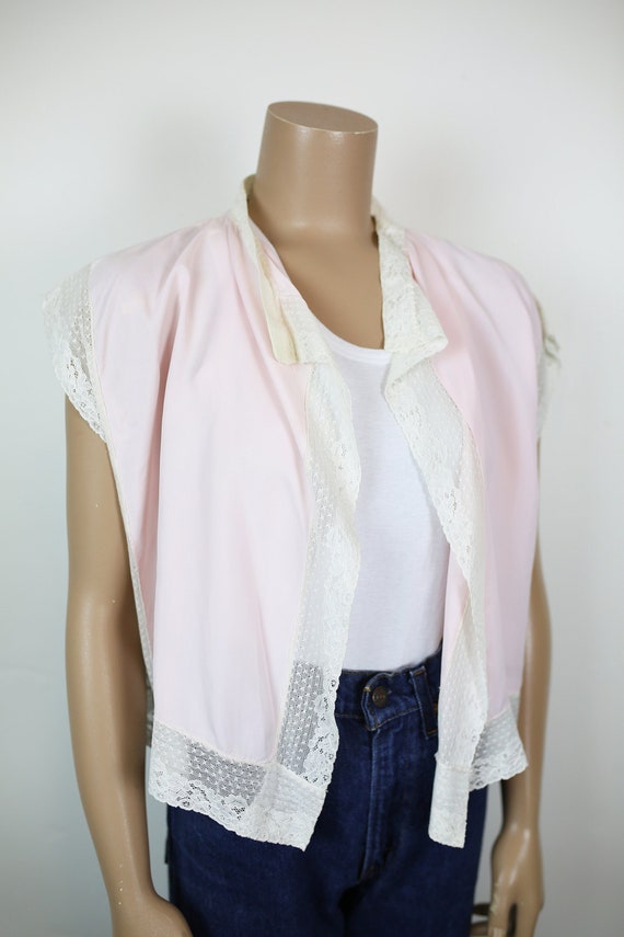 50s BED JACKET PINK rayon blend pastel pink lace - image 2