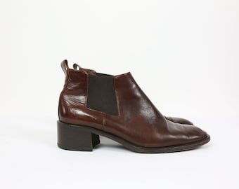 90s COLE HAAN BOOTS Chelsea leather size 8 dark brown chunky block heel vintage