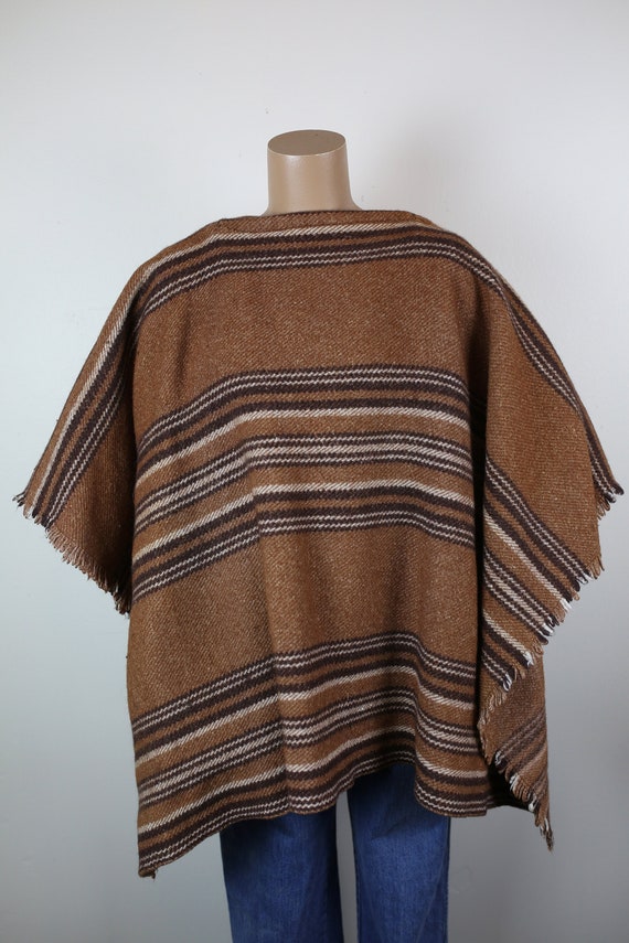 Vintage 60s 70s BROWN STRIPED PONCHO heavy wool ca