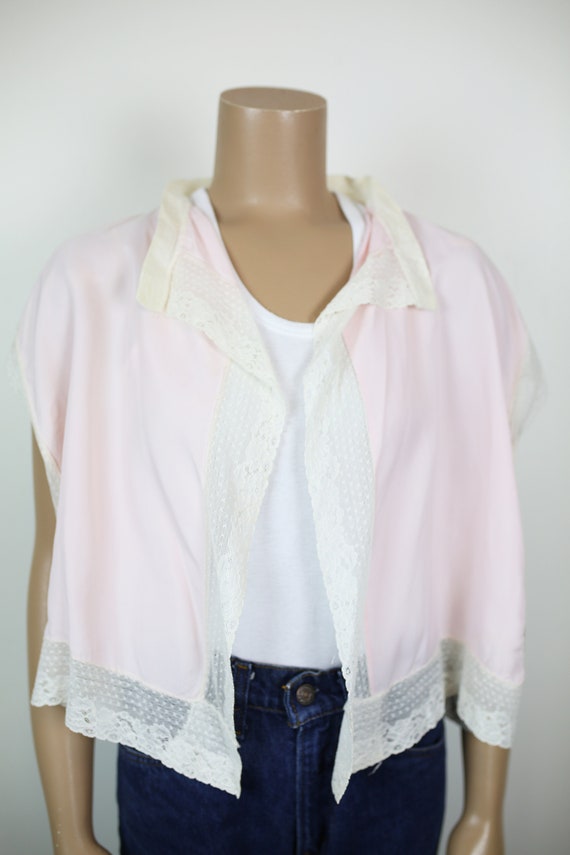 50s BED JACKET PINK rayon blend pastel pink lace - image 3