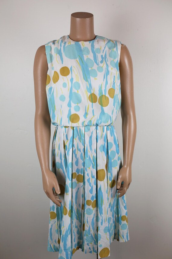 Vintage 50s 60s HARRY S. EPSTEIN DRESS w/Narrow Belt Midcentury Modern Blouson Bodice Pleated Skirt Sleeveless Blue Yellow White Size 2