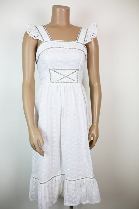 70s CANDI JONES BOHO dress eyelet ruffle strap wh… - image 1