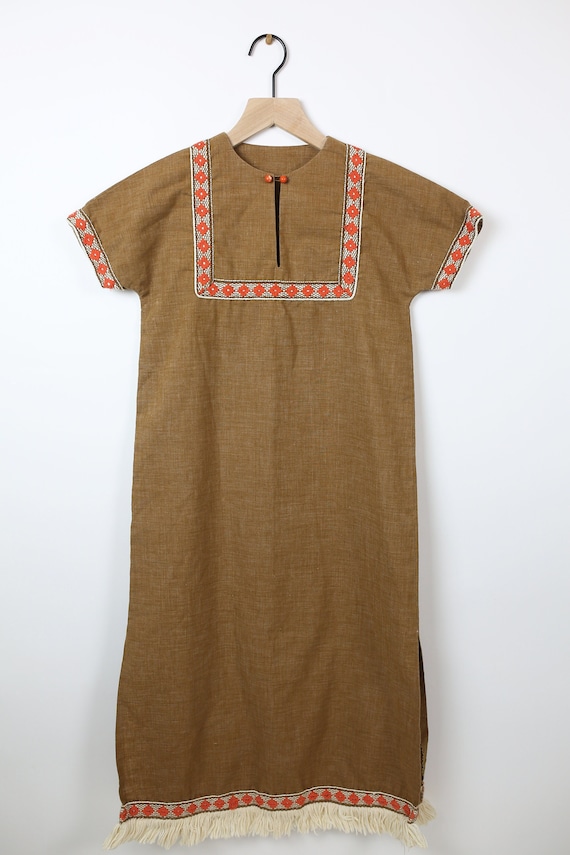 70s YOUTH BOHO DRESS  maxi brown cotton fringe so… - image 1