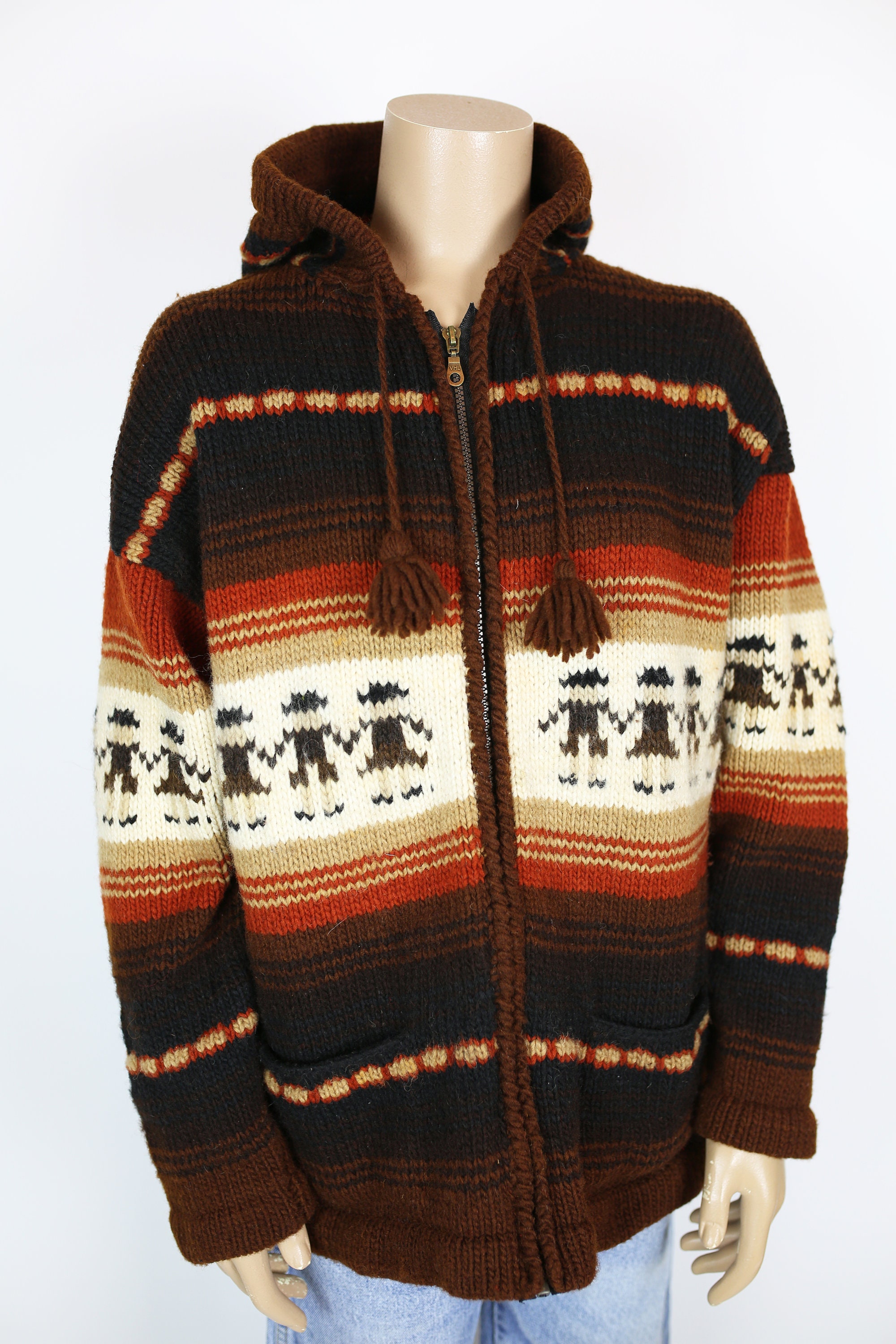 ECUADOR WOOL SWEATER Cardigan Hood Zipper Chunky Handmade by ECUADOR WOOL SWEATER Cardigan Hood Zipper Chunky Handmade by