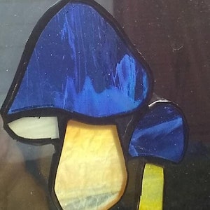 Blue Capped Forest Mushrooms Stained Glass Suncatcher