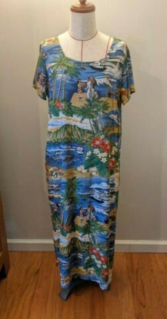 Reyn Spooner Spun Rayon Summer Hawaiian Aloha Sun Dress Unlined M VTG Scene