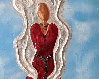 Angel in the Red Dress Art clay sculpture on canvas - Medium size canvas