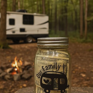 Personalized Camping Trip Fund Jar: Custom RV Camper Savings Gift
