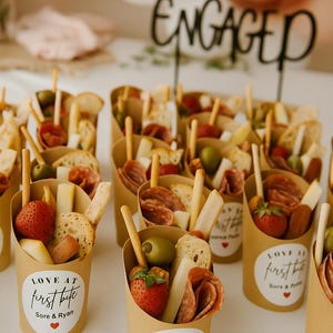 Personalized Charcuterie Cups for Weddings, Love at First Bite Rustic Snack Cups with Custom Labels for Reception Parties, Engagement Party