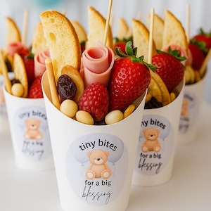 Personalized Baby Shower Teddy Bear Charcuterie Cups • Custom Text Tiny Bites for a Big Blessing • Welcome Baby Snack Cups Party Favors