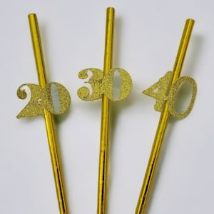 Gold Glitter Number Party Straws: Custom Age Birthday Celebration