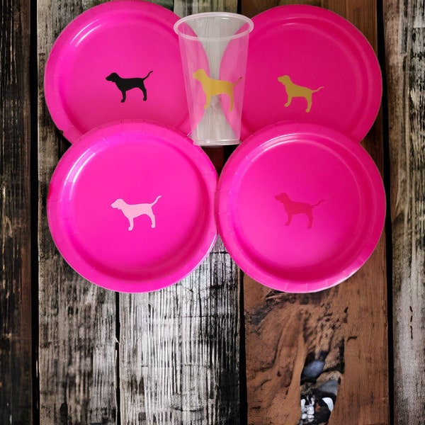 Pink Victoria's Secret Inspired Cake Plates or Lunch Plates and Cup Set Dog Image, 8 VS Hot Pink Fuchsia Theme Party Snack Plates Pink Dogs