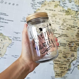Adventure Awaits Travel Fund Jar with Coin Lid, Wedding, Honeymoon Savings Mason Jar, Adventure Travel Piggy Bank Bank, Saving for Vacation