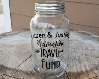 Travel Fund Savings Jar, Personalized Glass Mason Money Bank with Lid for Money, Trip Saving Wanderlust Piggy Bank, Adventure Travel Fund