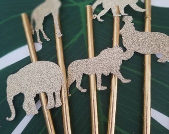 Gold Safari Party Jungle Animal Straws, 12 Gold Straws with Gold Glitter Safari Animals, Gold Foil Safari Party Straws, Birthday Party