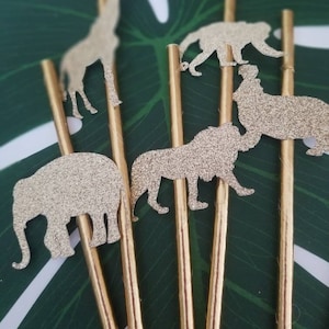 Gold Safari Party Straws: Glitter Animal Decorations, Set of 12