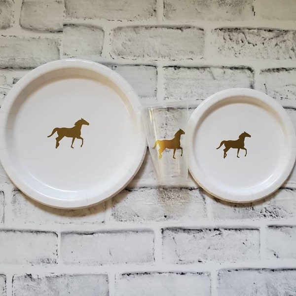 Racehorse Party Plate Set with Cups, 12 White Paper Plates with Gold Horses, Kentucky Derby Theme, Horse Party