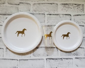Racehorse Party Plate Set with Cups, 12 White Paper Plates with Gold Horses, Kentucky Derby Theme, Horse Party