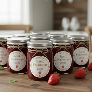 May include: A collection of glass jars filled with red jam, each with a silver lid and a decorative twine bow. The jars have labels that read "Sweet Beginnings" with a strawberry illustration. Fresh strawberries and leaves are scattered around the jars.