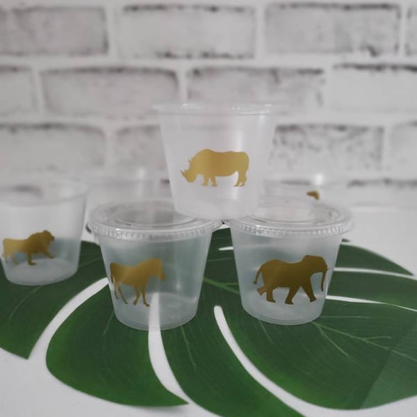 Gold Safari Snack Cups with Lids, Golden Safari Theme Clear Fruit Cups, Candy Cups, Jungle Animal Snack Containers