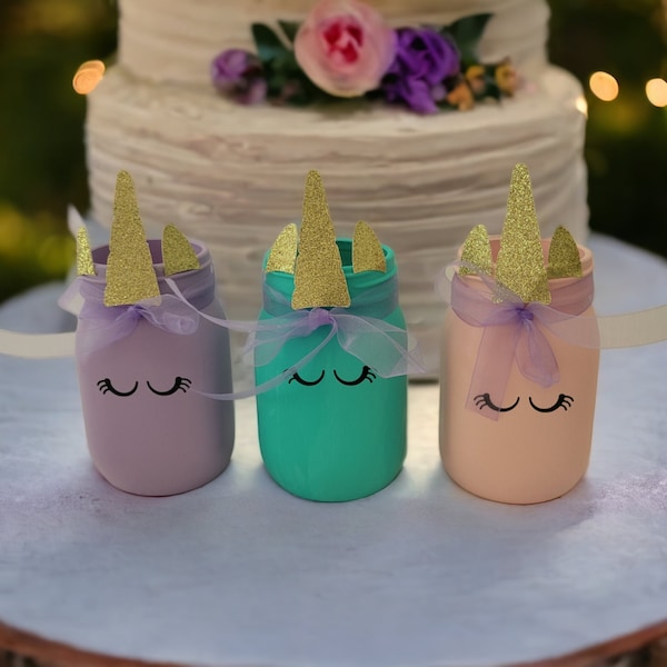 Unicorn Utensil Jars Set of 3 Rainbow Colors, Pink, Purple and Turquoise Mason Party Candy Jars, Unicorn Centerpiece Decor