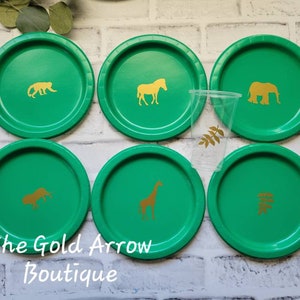 Green Safari Party Plates and Cups: Gold Animal Theme Tableware