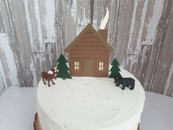 Rustic Woodland Log Cabin And Tree Cake Topper Set Bear And Etsy