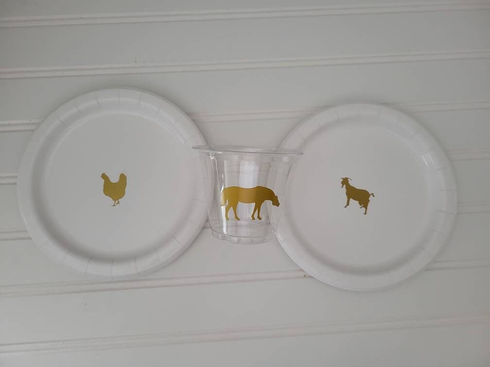 Farm Animal Paper Plates and Cups Set Barn Themed Gold Farm Animals Tableware Set Minimalist Farm Party Theme Modern Barn