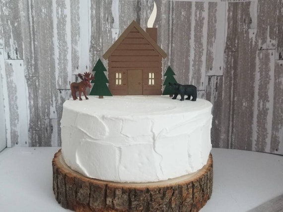 Rustic Woodland Log Cabin And Tree Cake Topper Set Bear And Etsy